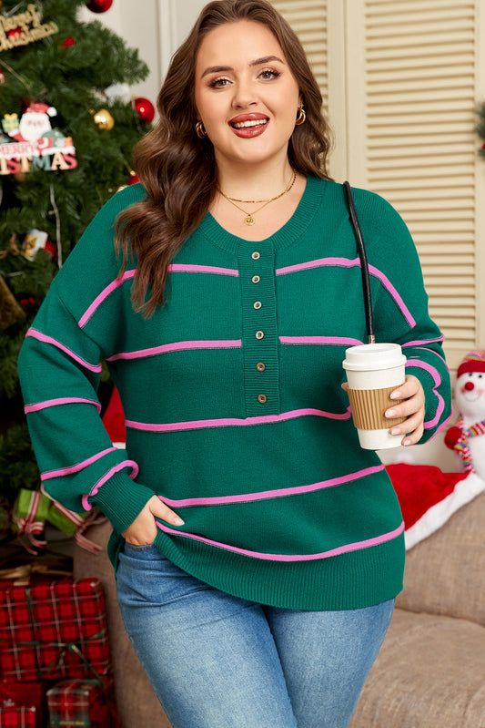 Green Stripe Half Buttons Drop Shoulder Plus Size Sweater Dear-Lover Dropshipping