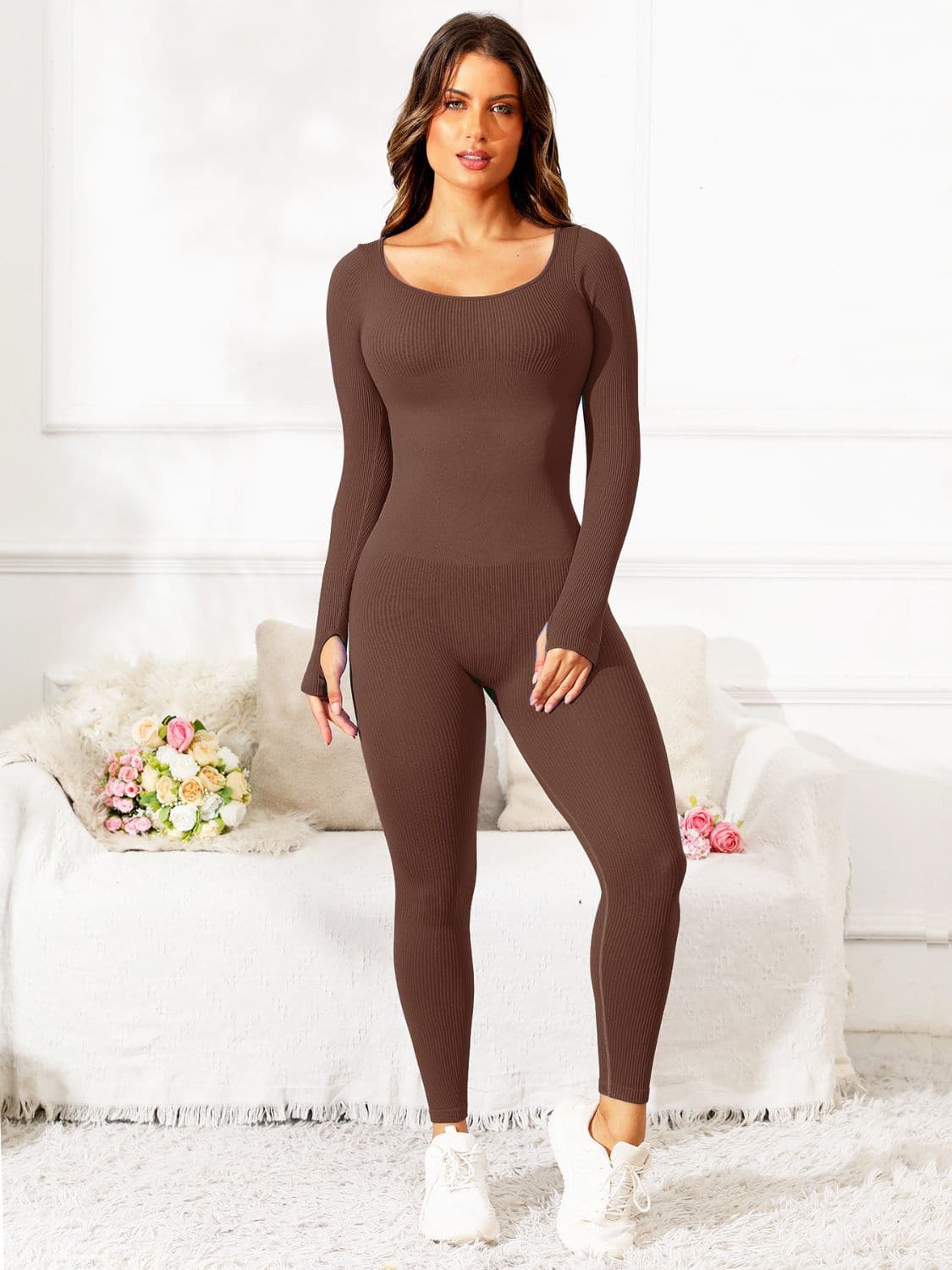 Scoop Neck Long Sleeve Active Jumpsuit.