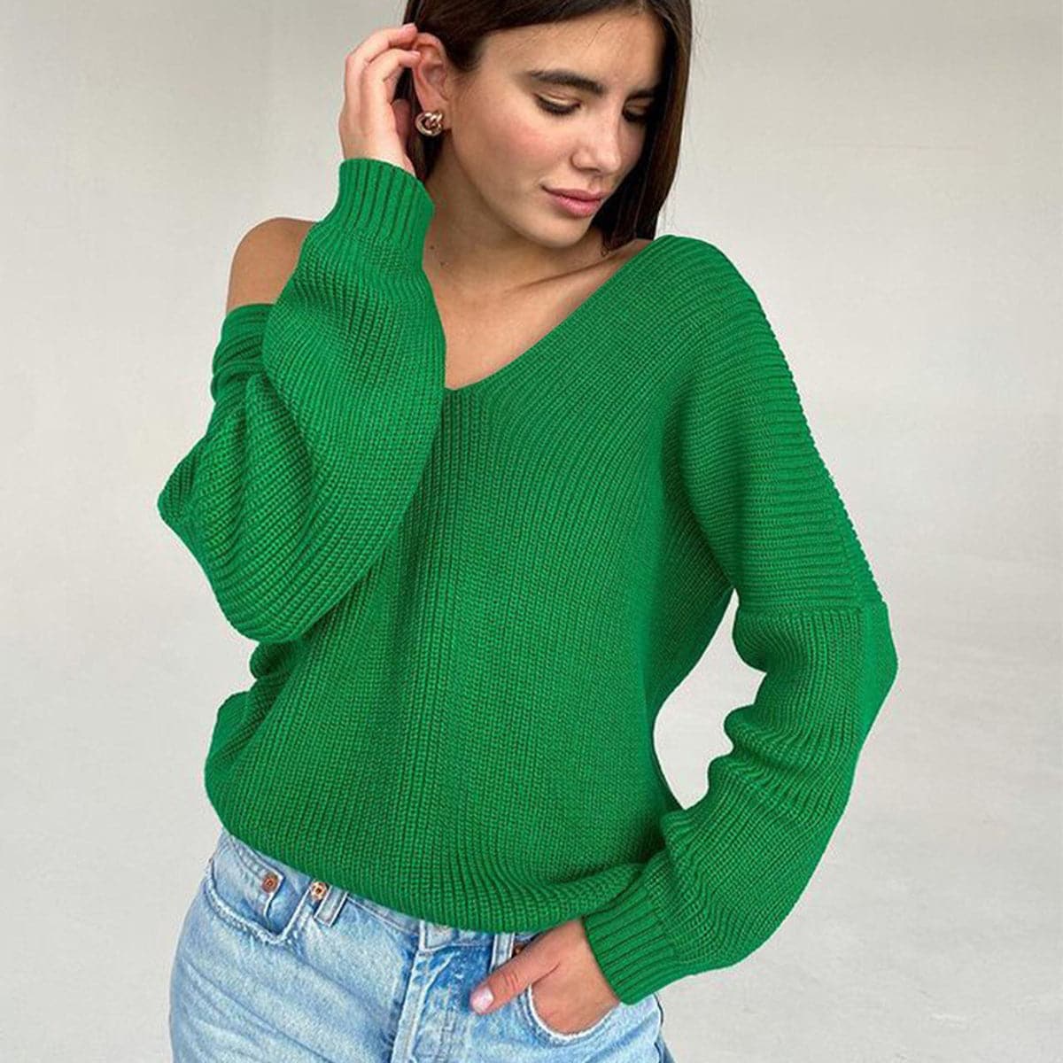 V-Neck Dropped Shoulder Long Sleeve Sweater.