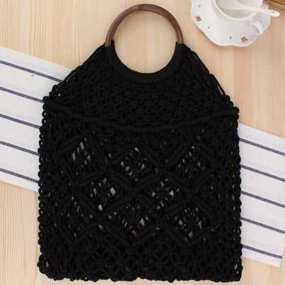 Solid Color Woven Tote Trendy Women Mori Straw Bag Degrees Handmade Cotton String Net Pocket Beach Bag
