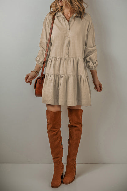 Tan Puff Sleeve Buttoned Tiered Pleated Shirt Mini Dress