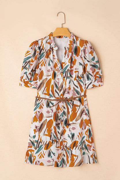 Brown Abstract Print Puff Sleeve Mini Dress with Braided Belt