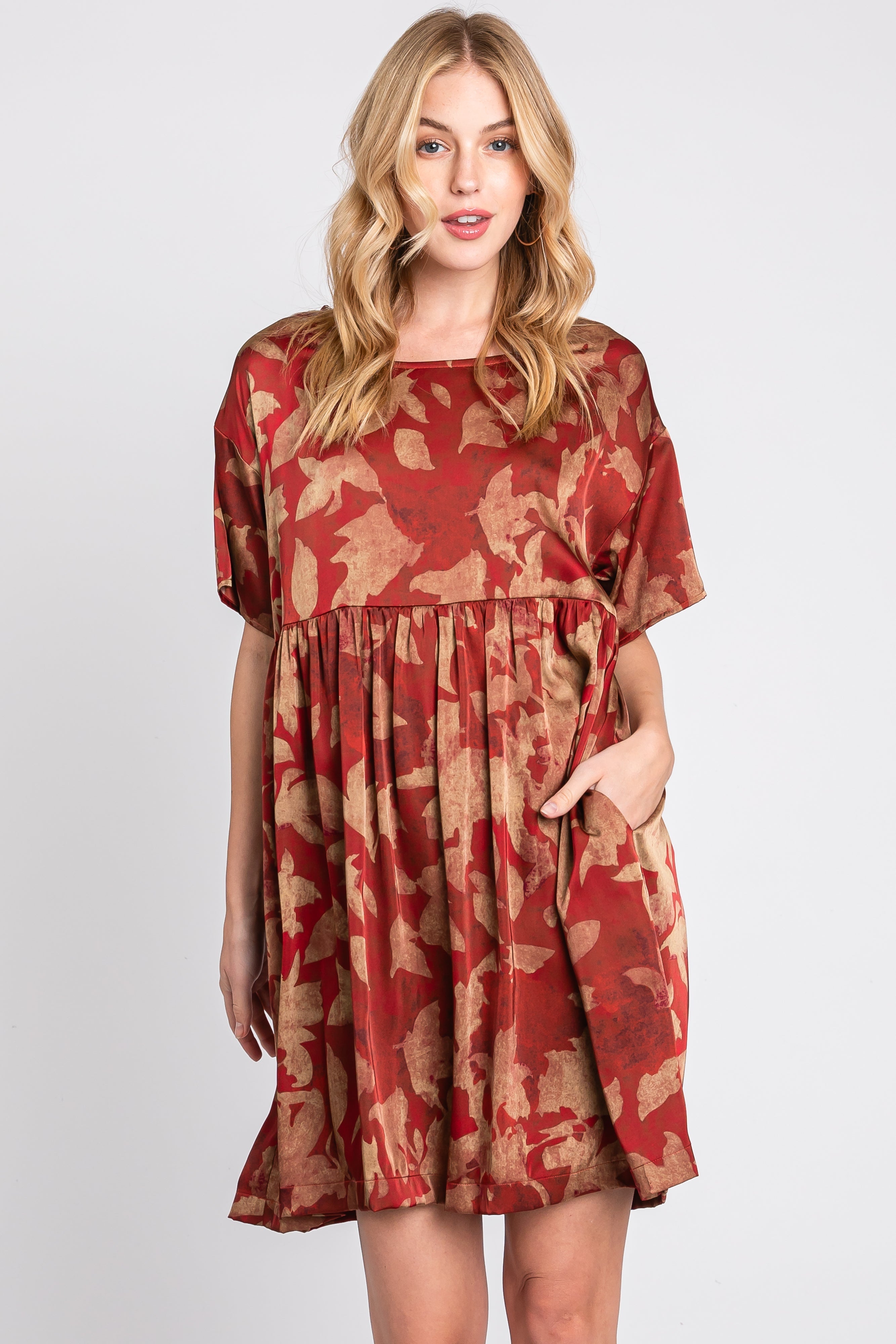 Rust Printed Short Sleeve Pocketed Dress PinkBlush