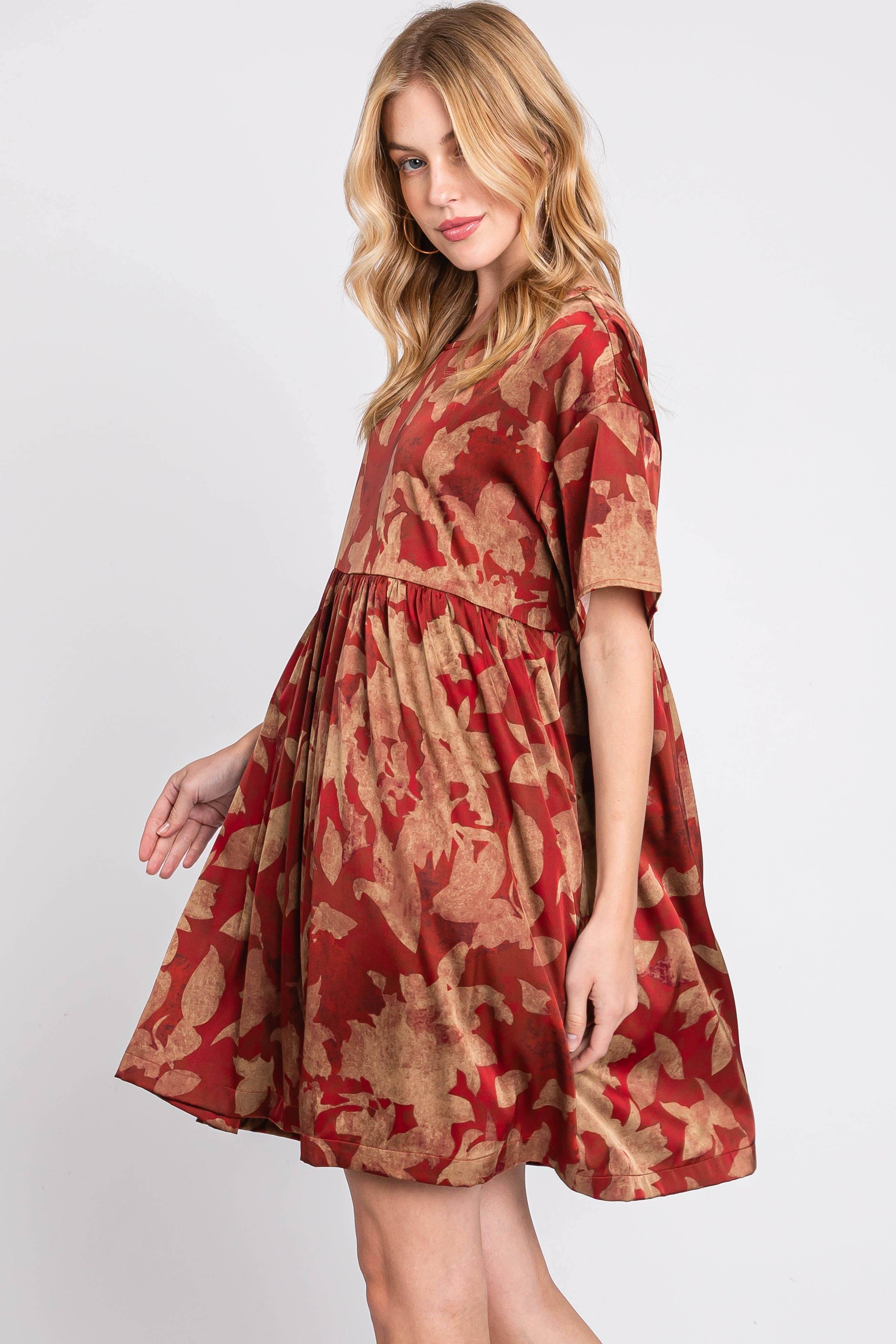 Rust Printed Short Sleeve Pocketed Dress PinkBlush
