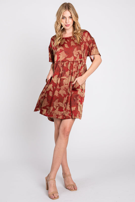 Rust Printed Short Sleeve Pocketed Dress PinkBlush