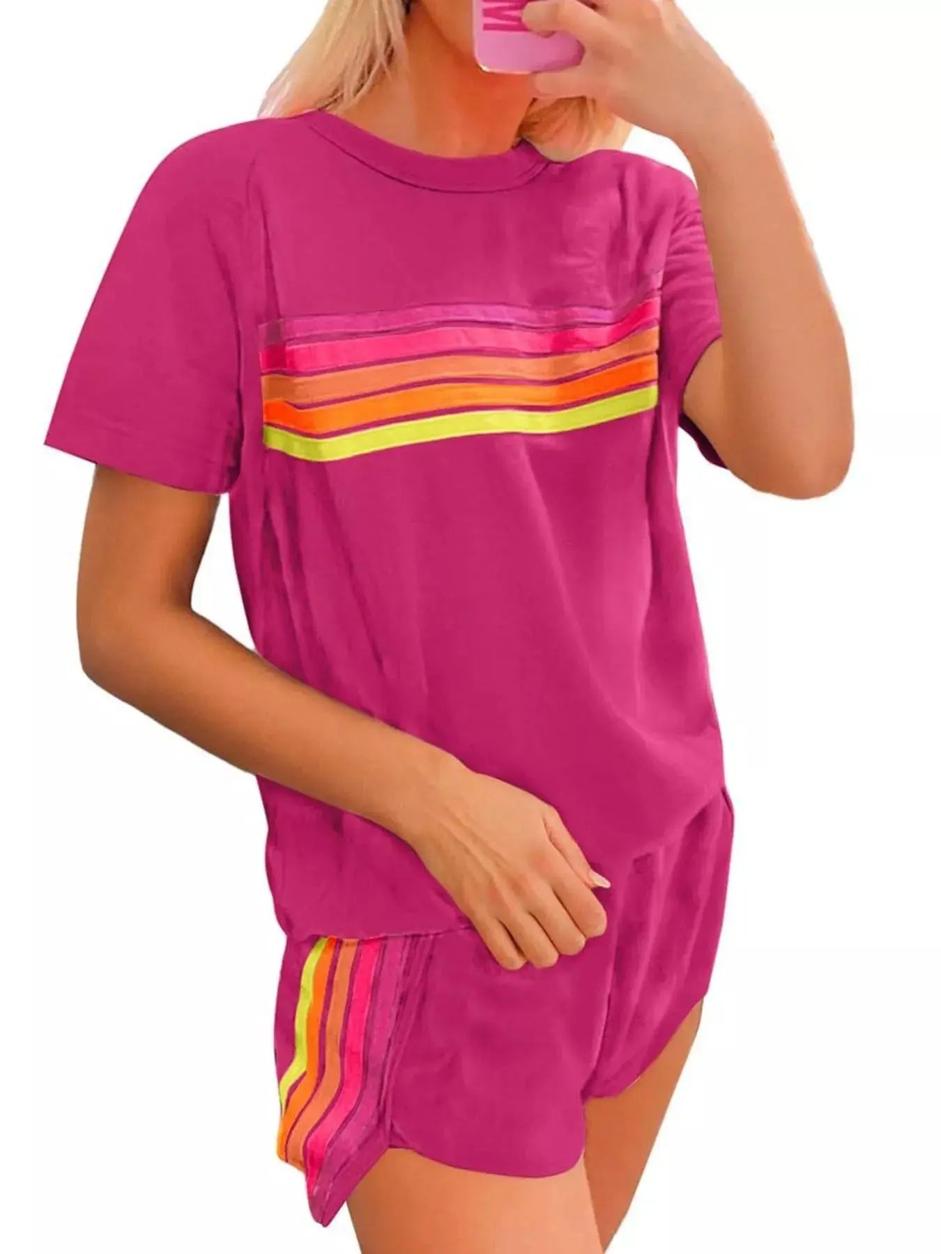 Rainbow Striped Round Neck Top and Shorts Set Simply Love