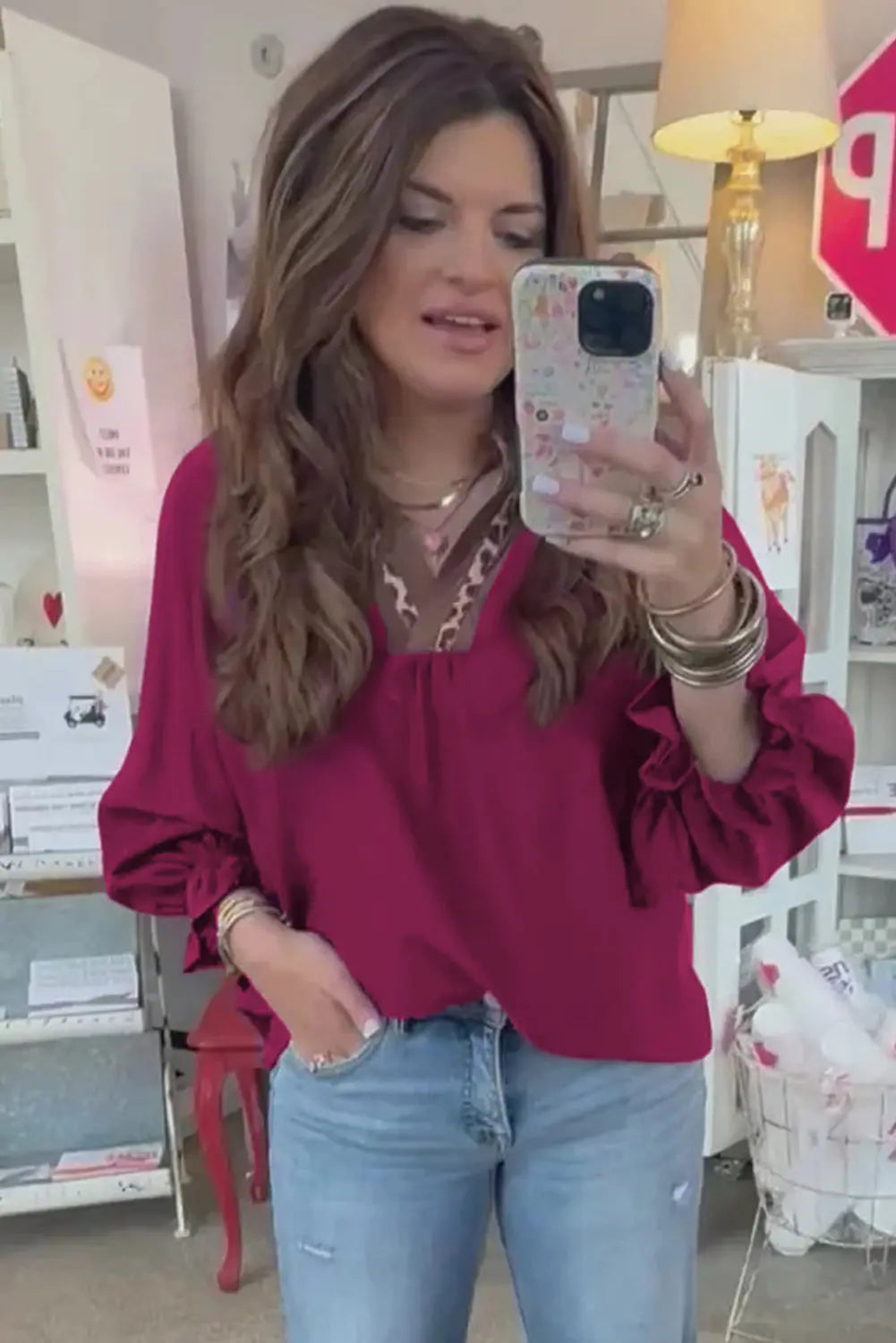 Violet Leopard Trim V Neck Flounced Bracelet Sleeve Blouse Dear-Lover Dropshipping