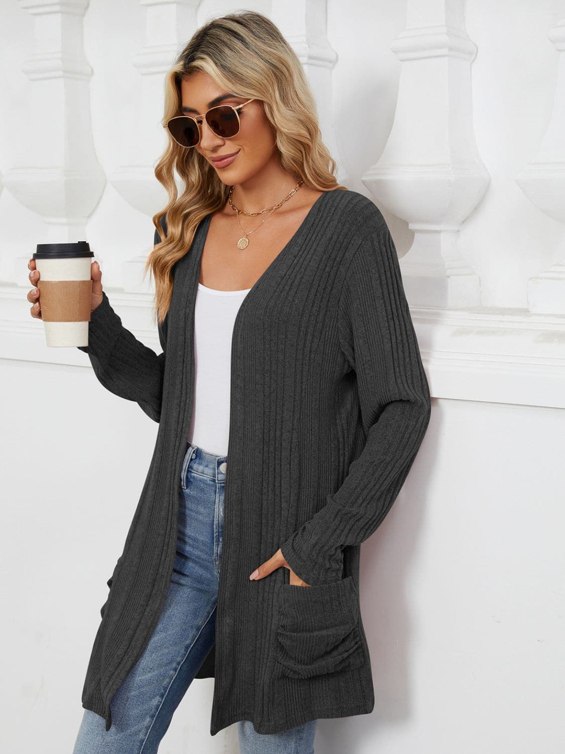 Pocketed Open Front Long Sleeve Cardigan.