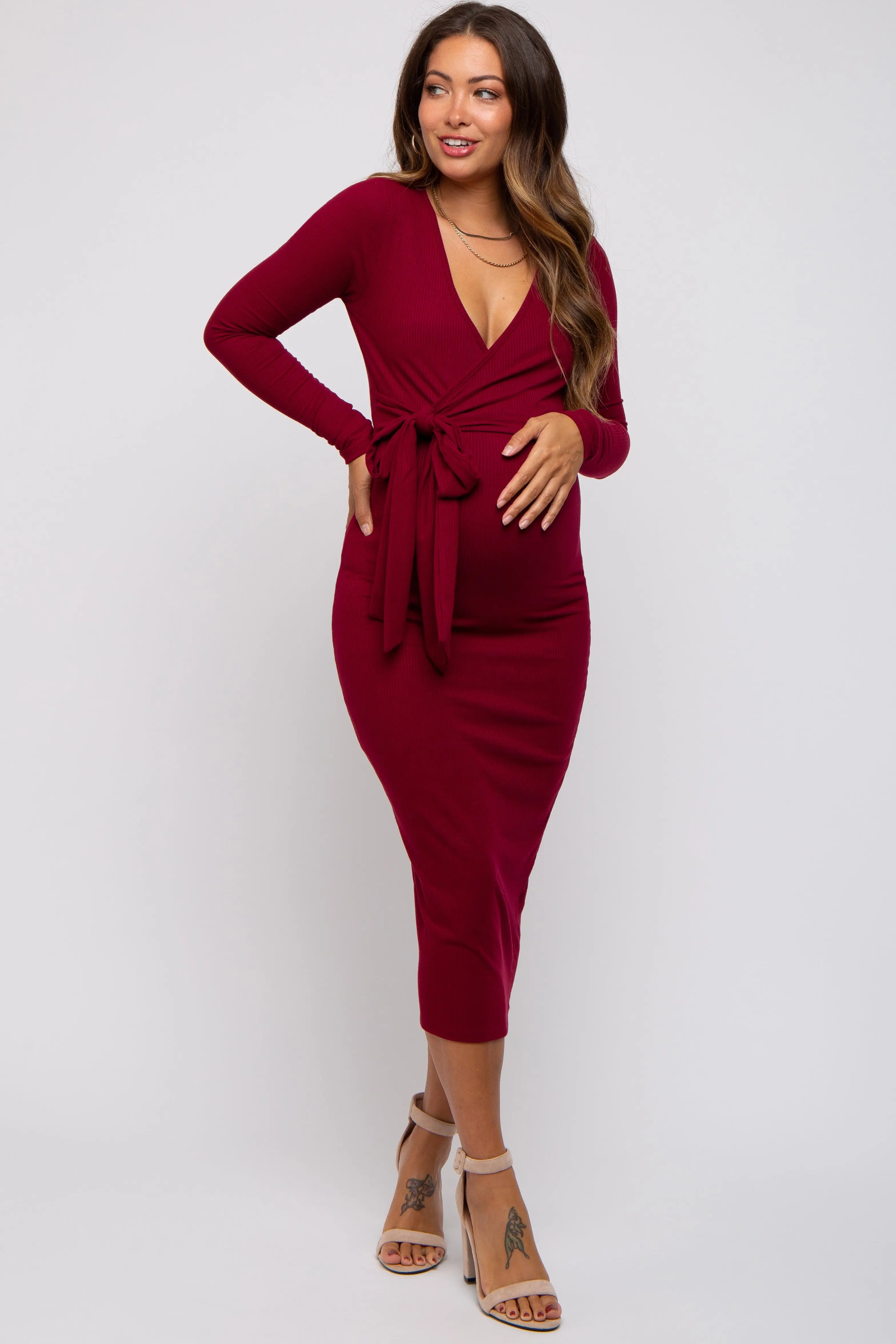 Burgundy Ribbed Long Sleeve Maternity Wrap Dress PinkBlush