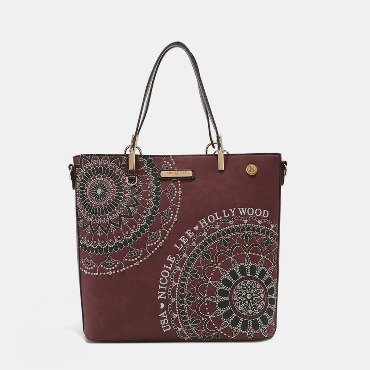 Nicole Lee USA Metallic Stitching Embroidery Inlaid Rhinestone Tote Bag.