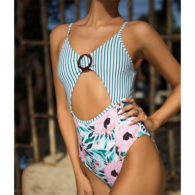 Peachtan Ring Monokini Patchwork Print Swimwear Women Cut-Out One Piece Swimsuit Women Bandeau Bathing Suit Sports Bodysuit Bella Mia
