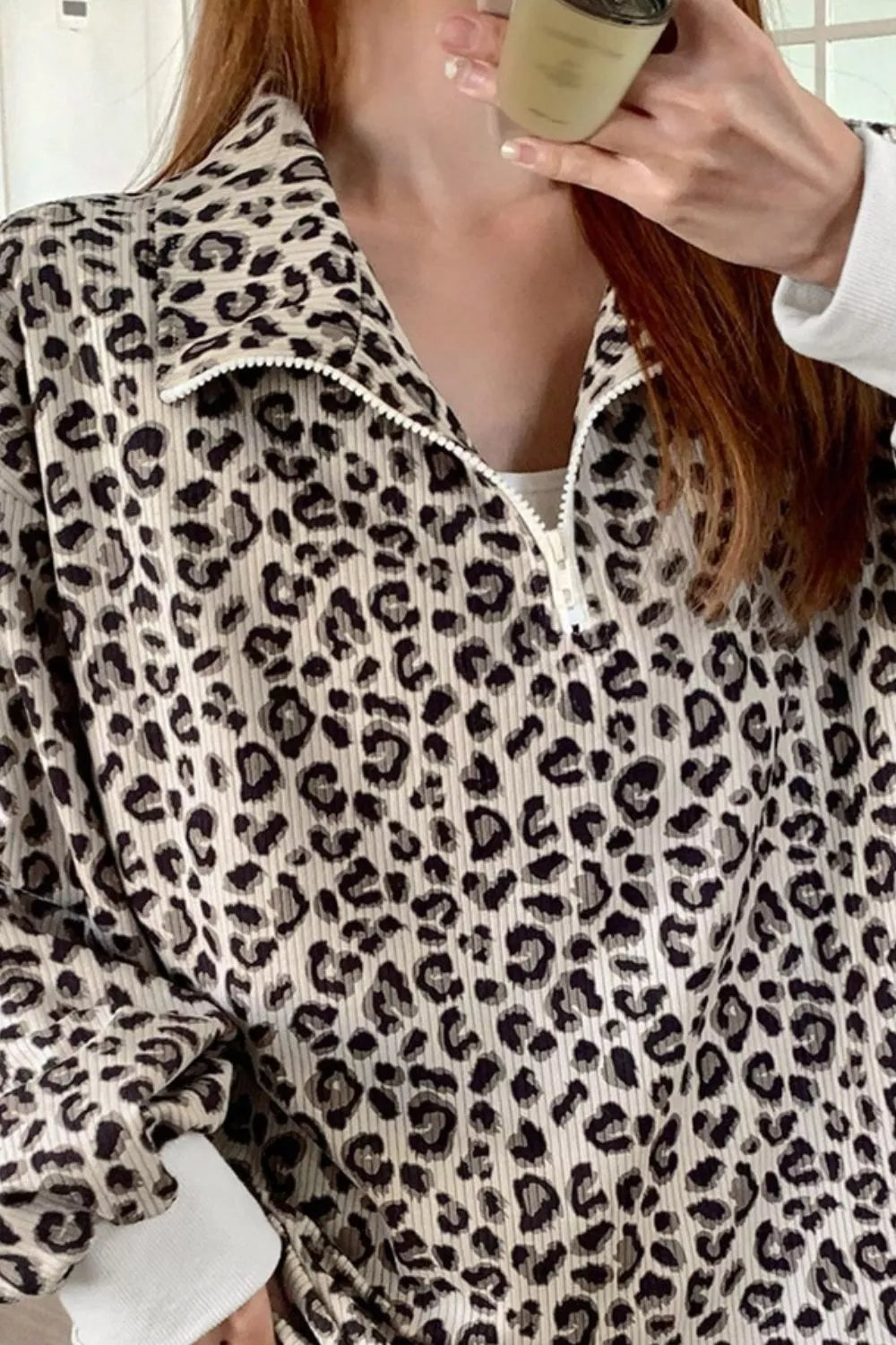 Leopard Print Quarter-Zip Sweatshirt Simply Love