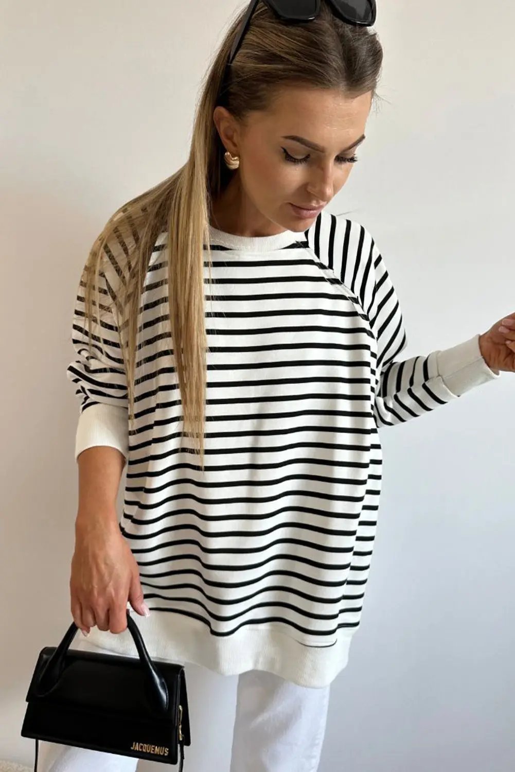Black Stripe Raglan Sleeve Side Slits Loose Sweatshirt Love Salve