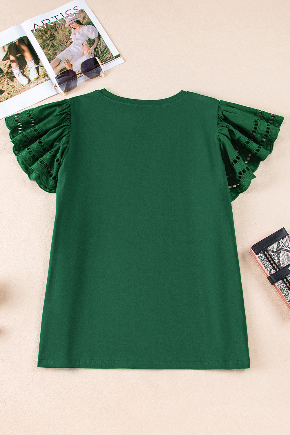 Elegant green plus size flutter sleeve blouse