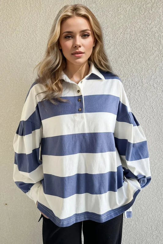 Oh Pima Cotton Wash Wide Striped Collared Neck Long Sleeve Top - Love Salve