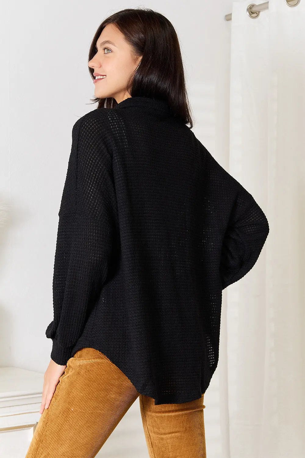 Double Take Waffle-Knit Collared Neck Dropped Shoulder Shirt - Love Salve