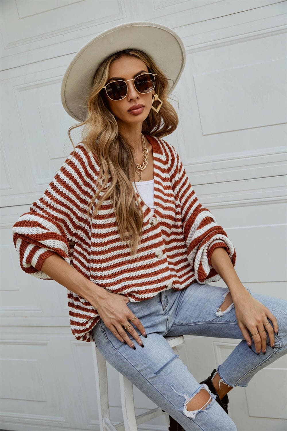 Striped Button Up Long Sleeve Cardigan.