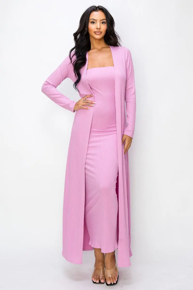 Pink Ribbed Sleeveless Dress Cardigan Maternity Set PinkBlush