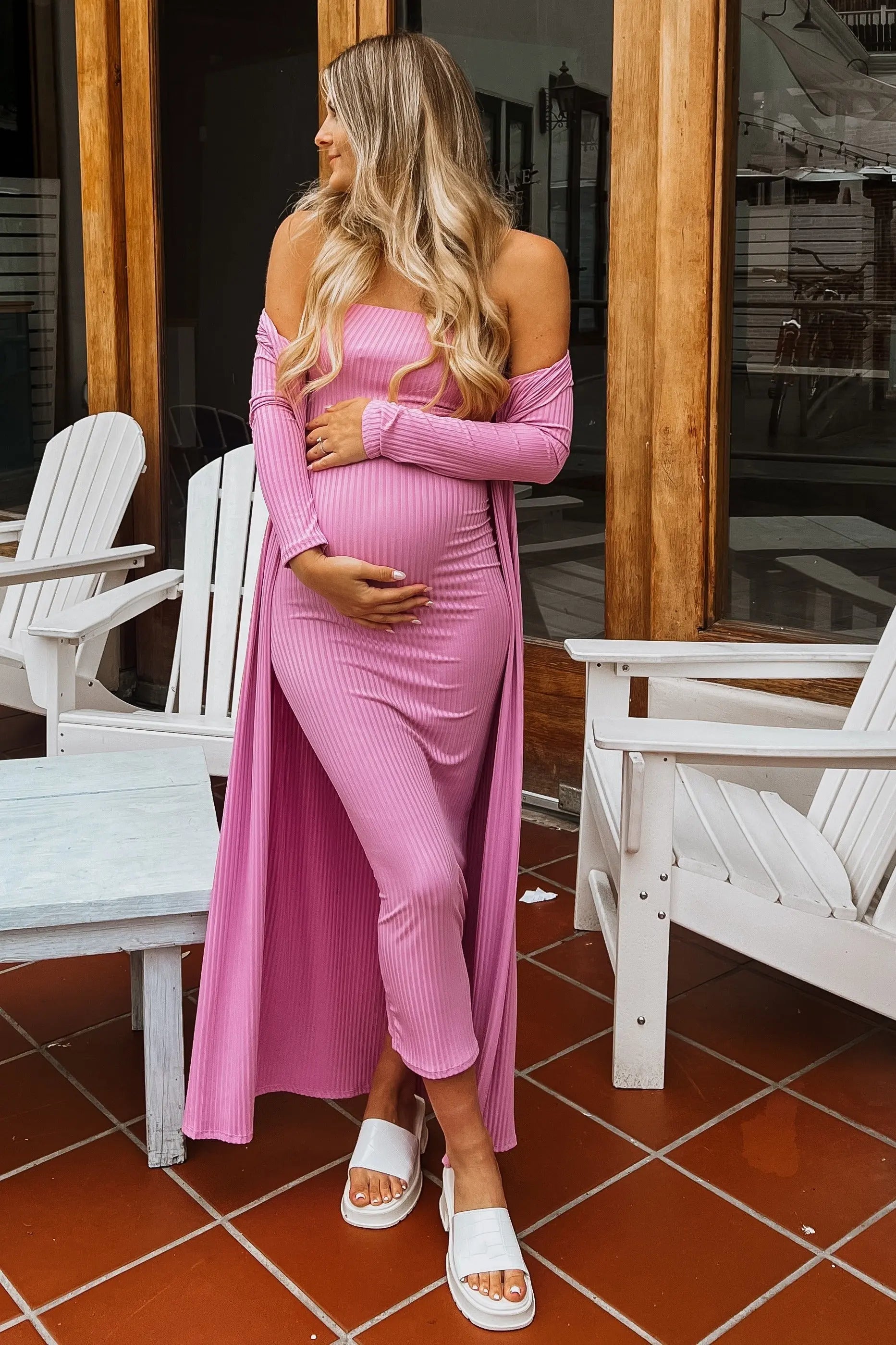 Pink Ribbed Sleeveless Dress Cardigan Maternity Set PinkBlush
