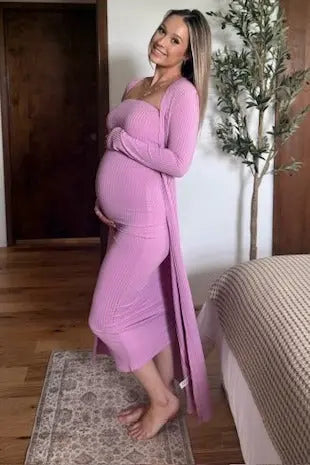 Pink Ribbed Sleeveless Dress Cardigan Maternity Set PinkBlush