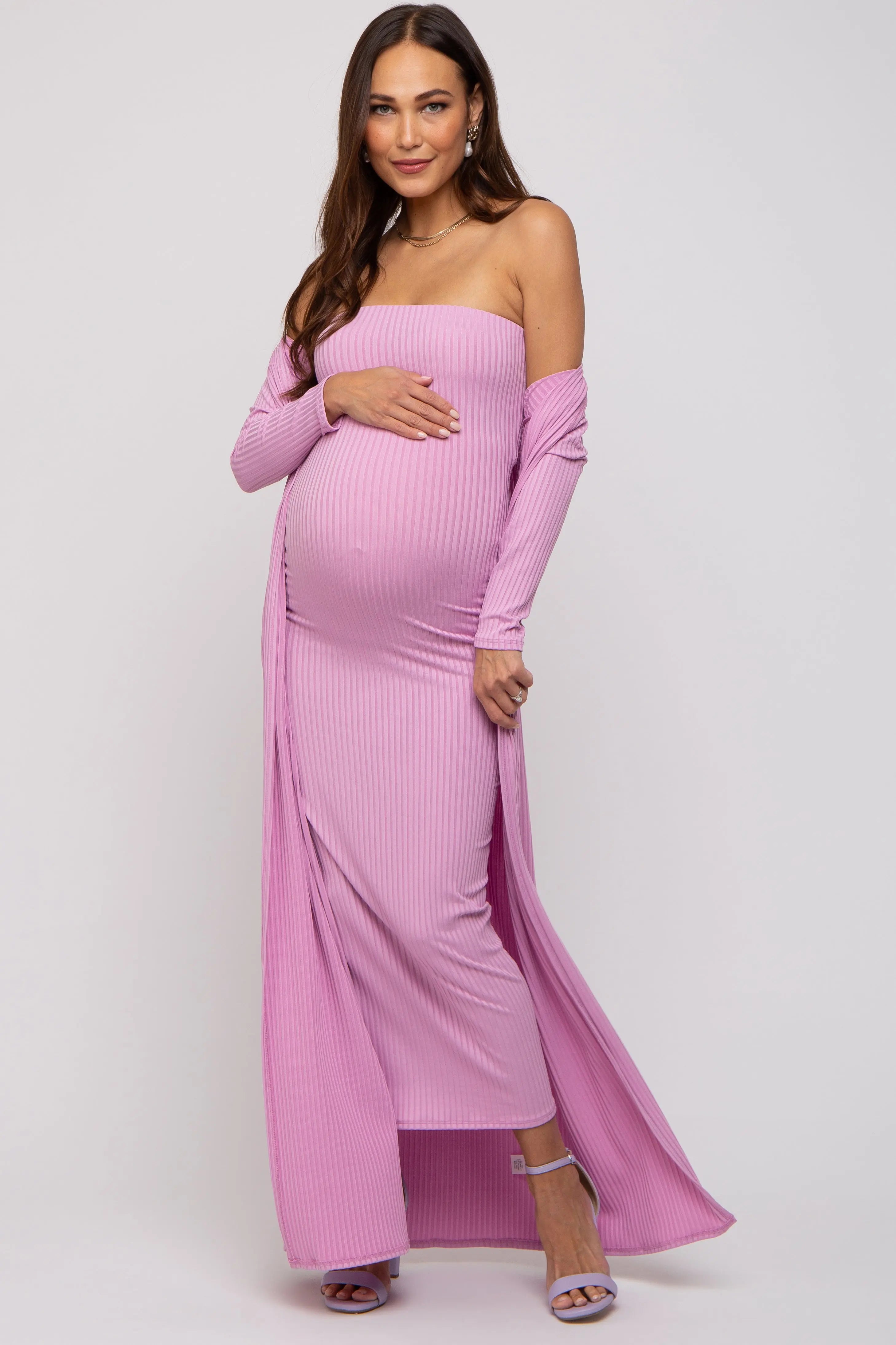 Pink Ribbed Sleeveless Dress Cardigan Maternity Set PinkBlush