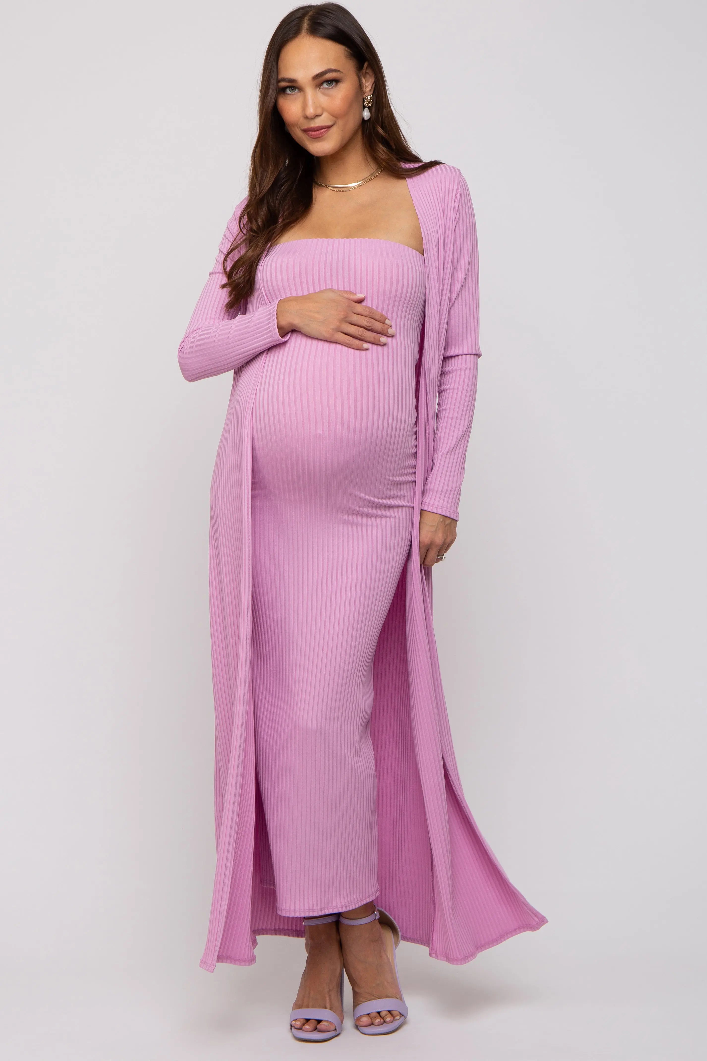 Pink Ribbed Sleeveless Dress Cardigan Maternity Set PinkBlush