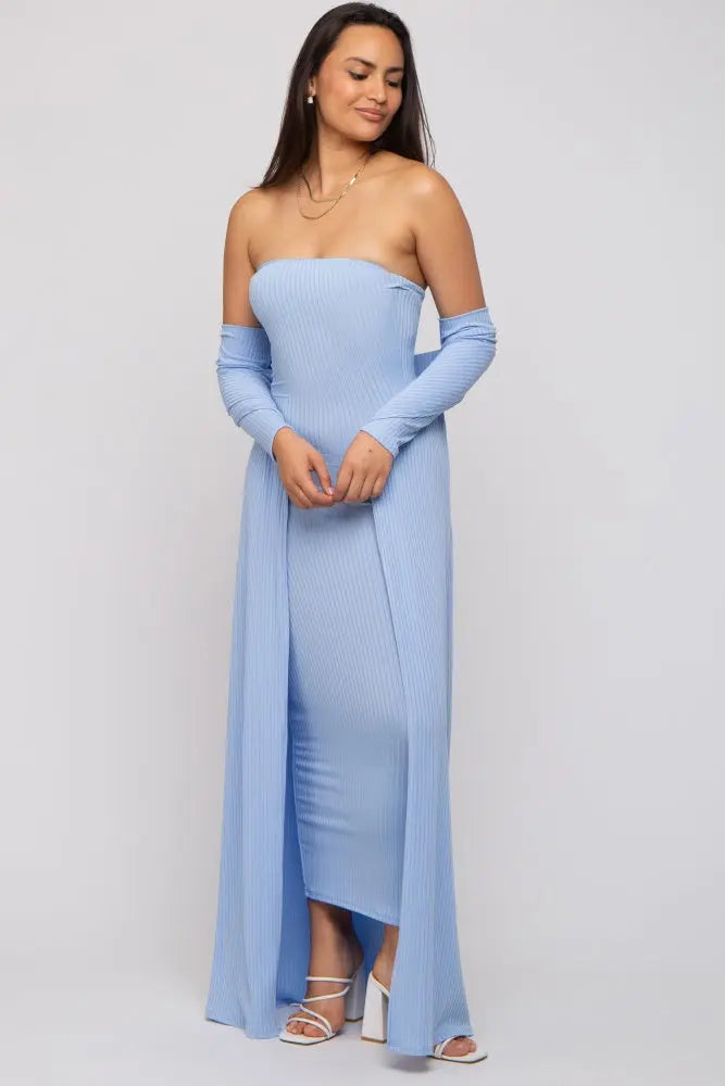 Light Blue Ribbed Strapless Midi Dress With Long Sleeve Cardigan Set PinkBlush
