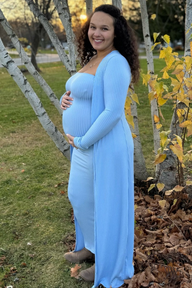Light Blue Ribbed Sleeveless Dress Cardigan Maternity Set PinkBlush