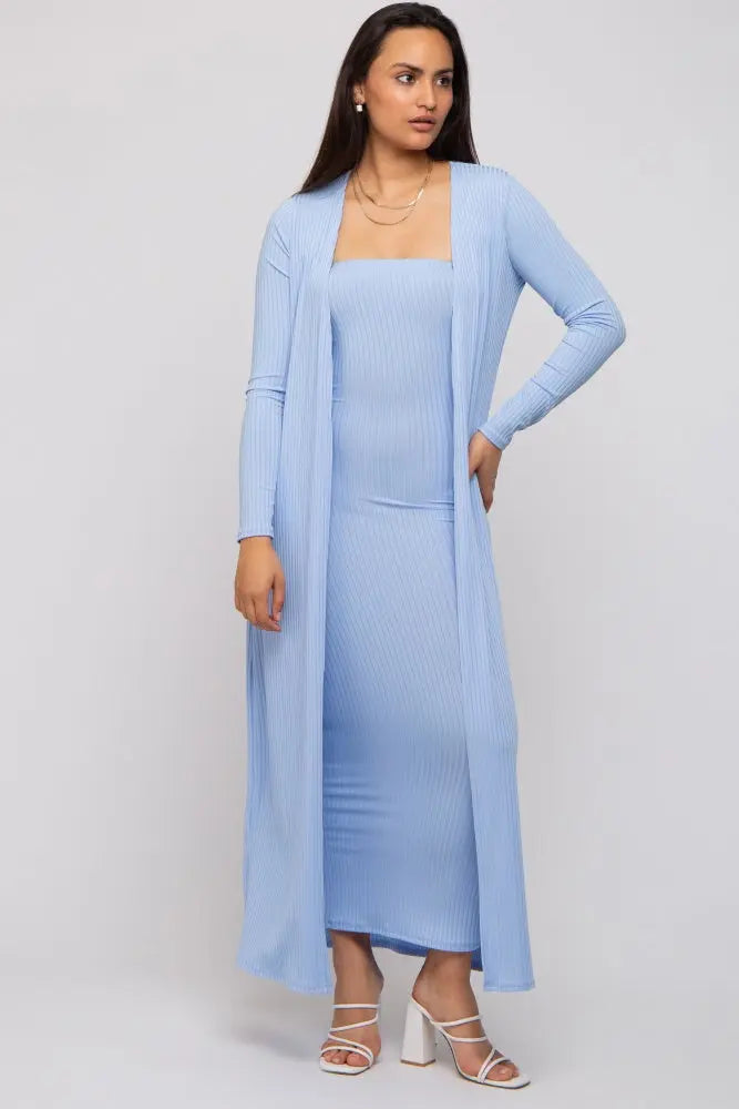 Light Blue Ribbed Strapless Midi Dress With Long Sleeve Cardigan Set PinkBlush