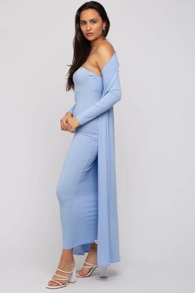Light Blue Ribbed Strapless Midi Dress With Long Sleeve Cardigan Set PinkBlush