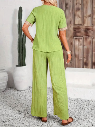 V-Neck Short Sleeve Top and Pants Set.