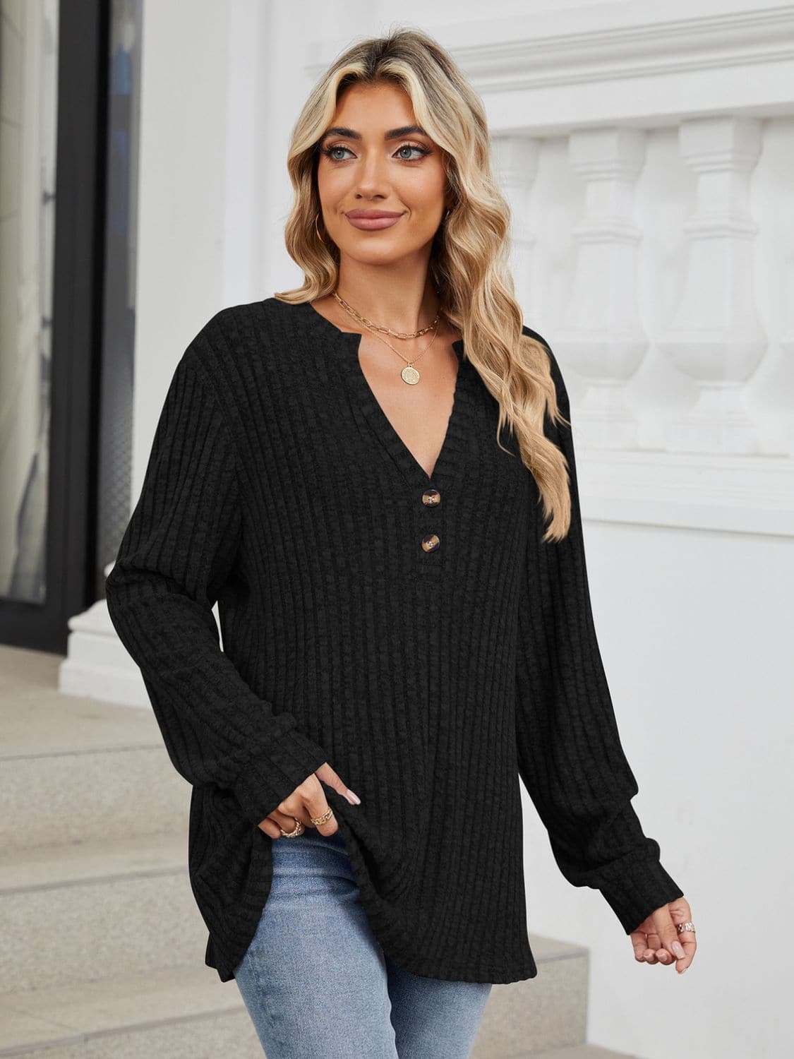 Ribbed Notched Long Sleeve T-Shirt.