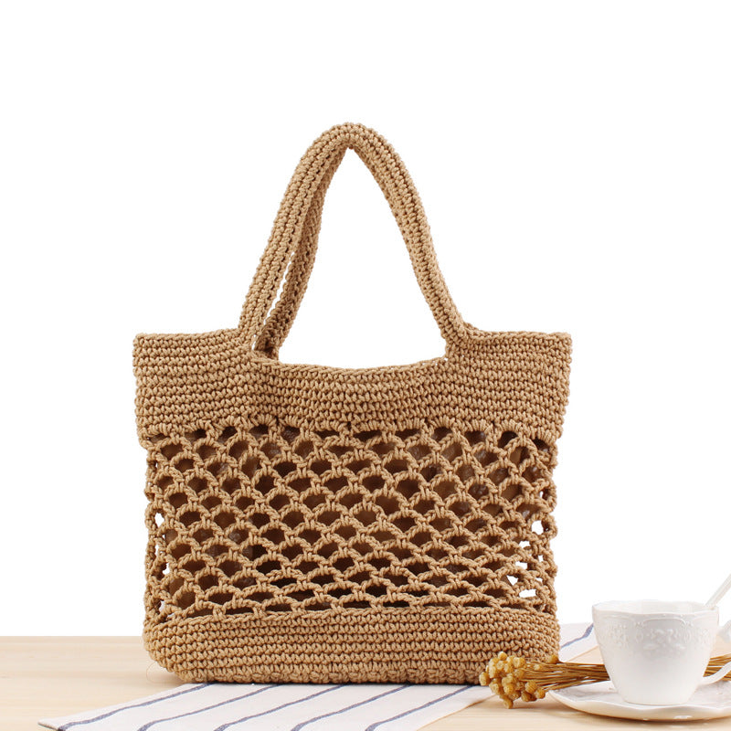 Solid Color Cotton Thread Hand Crocheting Woven Bag Trendy Women Mori Portable Vacation Beach Straw Bag Bella Mia