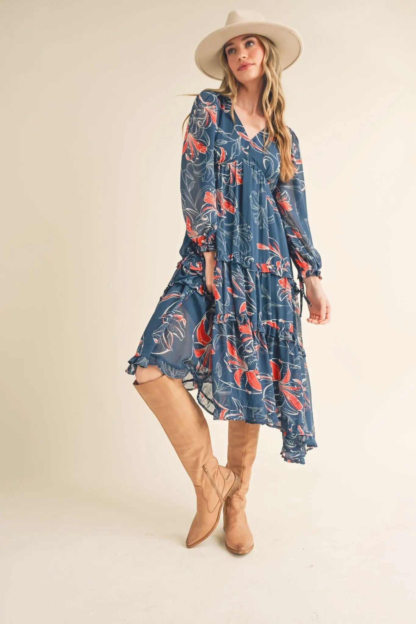 Dark Teal Floral Chiffon Ruffle Tiered Maternity Midi Dress PinkBlush