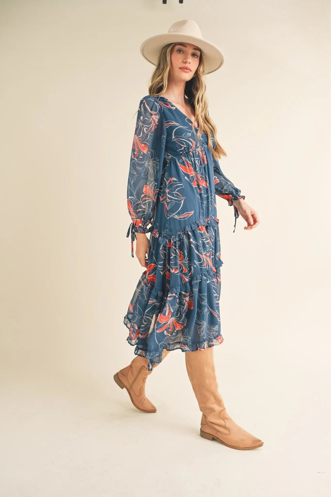 Dark Teal Floral Chiffon Ruffle Tiered Midi Dress PinkBlush