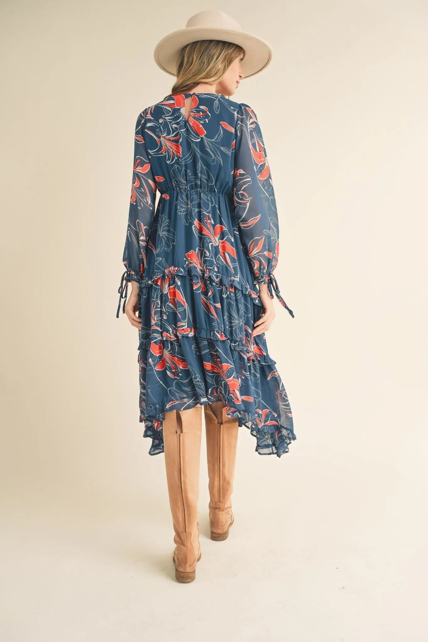 Dark Teal Floral Chiffon Ruffle Tiered Midi Dress PinkBlush