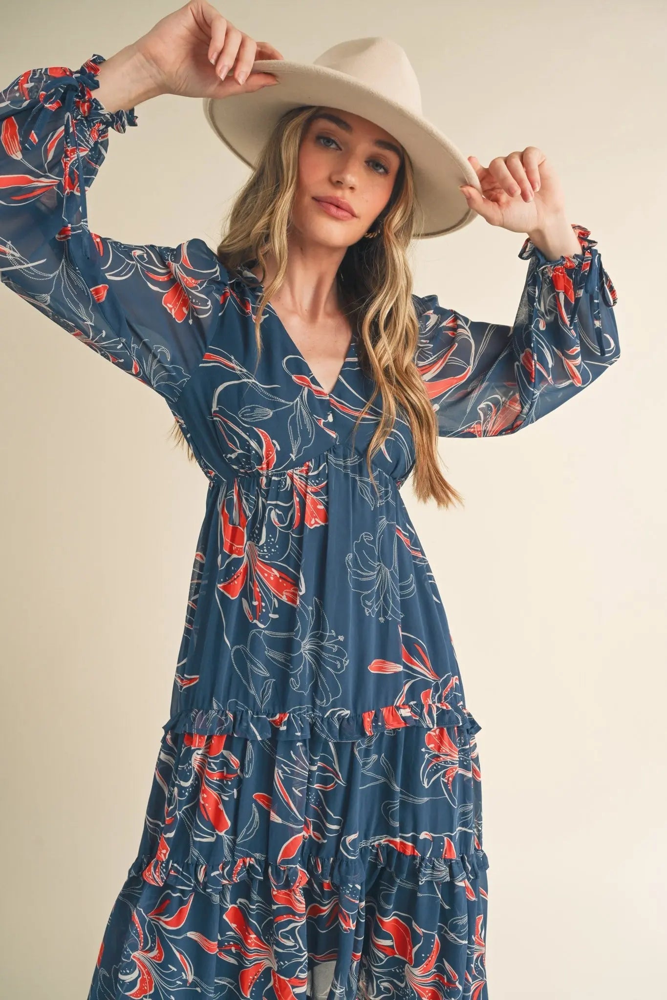 Dark Teal Floral Chiffon Ruffle Tiered Midi Dress PinkBlush