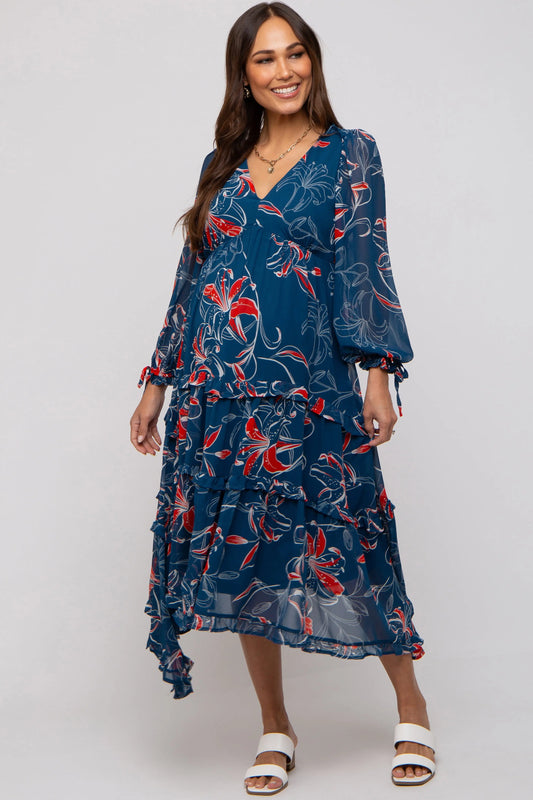 Dark Teal Floral Chiffon Ruffle Tiered Maternity Midi Dress PinkBlush