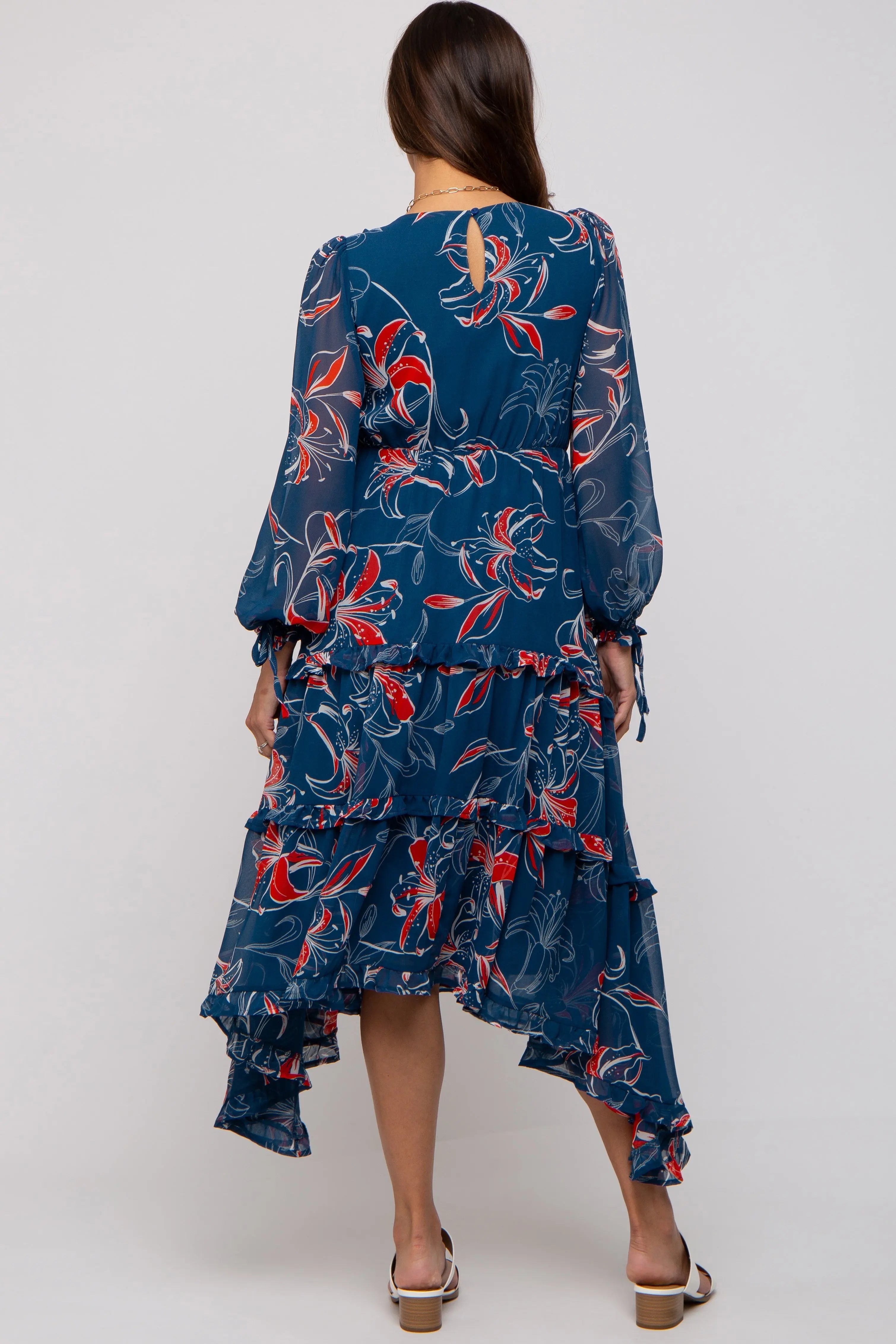 Dark Teal Floral Chiffon Ruffle Tiered Maternity Midi Dress PinkBlush