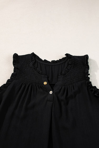 Chic black ruffled neck tank top with button detail