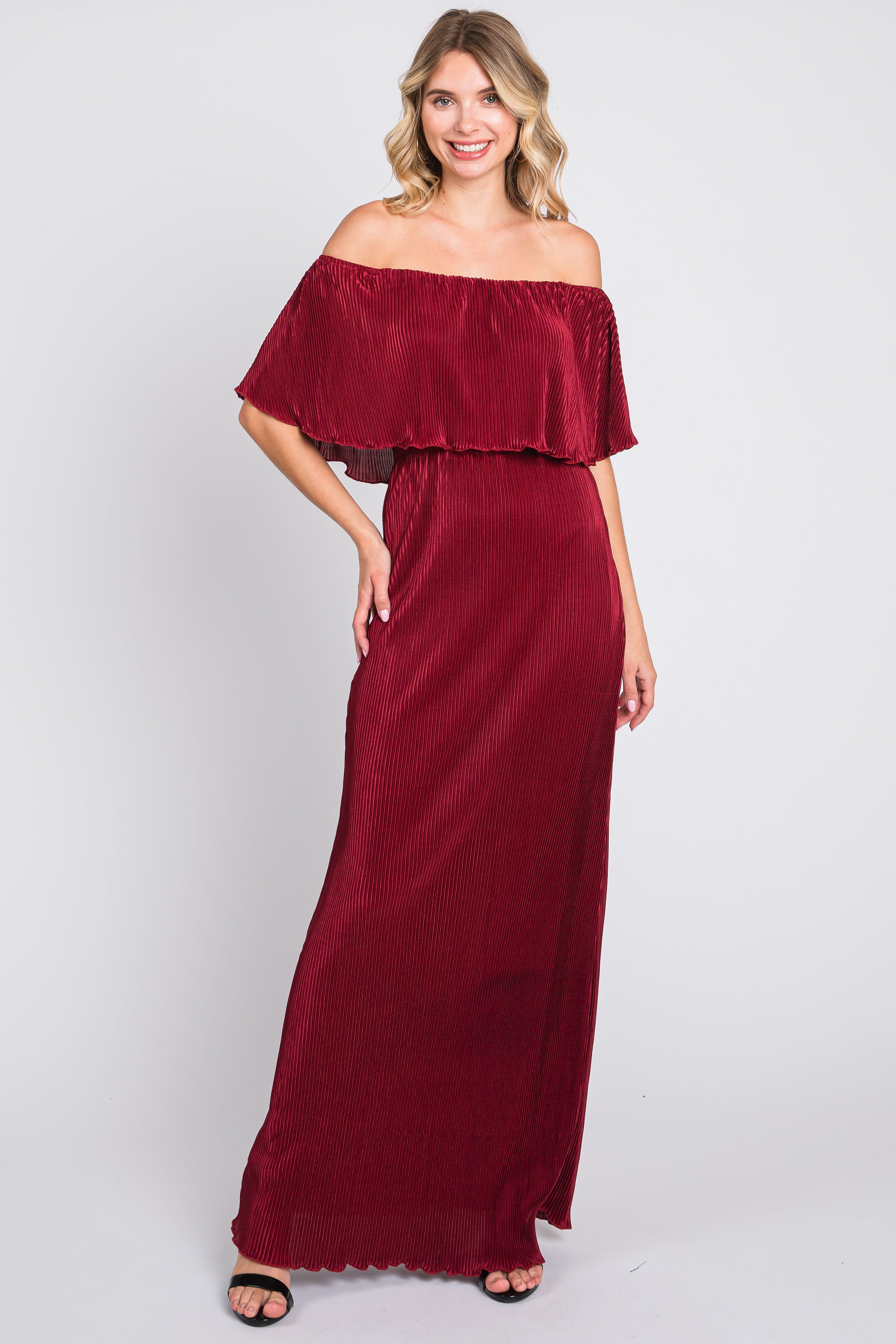 Burgundy Pleated Ruffle Off Shoulder Maternity Maxi Dress PinkBlush