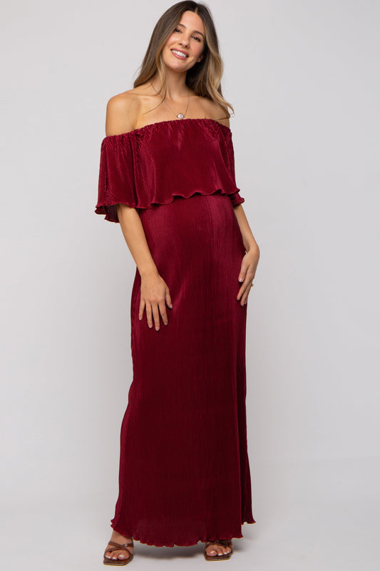 PinkBlush Burgundy Pleated Ruffle Off Shoulder Maternity Maxi Dress, elegant and comfortable for expecting mothers.