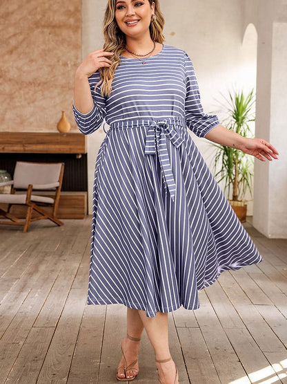 Plus Size Round Neck Striped Tie Waist Dress.