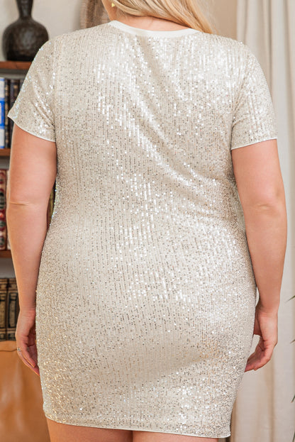 Glamorous light pink plus-size sequin T-shirt dress with short sleeves