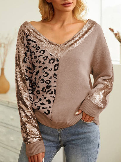 Leopard Sequin V-Neck Long Sleeve Sweater.