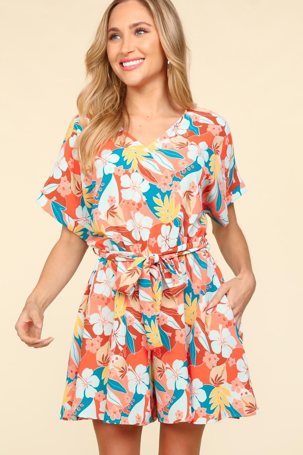 Haptics Tropical Floral Short Sleeve Tied Romper.