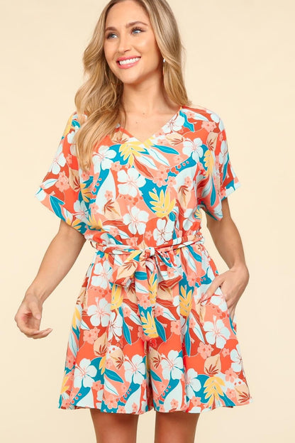 Haptics Tropical Floral Short Sleeve Tied Romper.