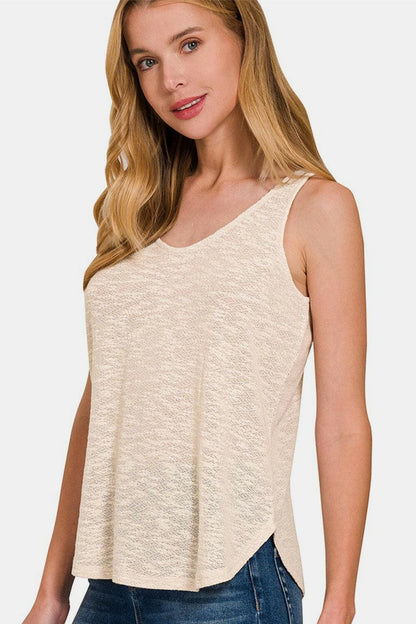 Zenana curved hem tank top with round neck and versatile chic design.