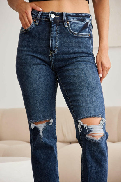 RFM Full Size Tummy Control Distressed High Waist Raw Hem Jeans.