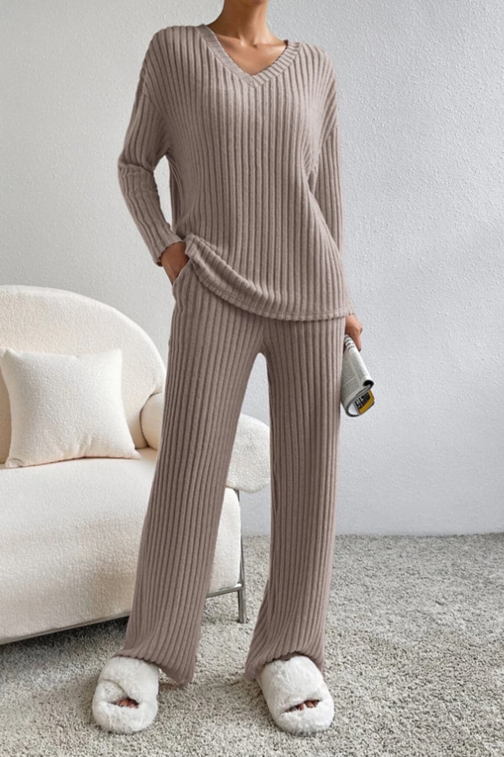 Ribbed V-Neck Top and Pants Set.